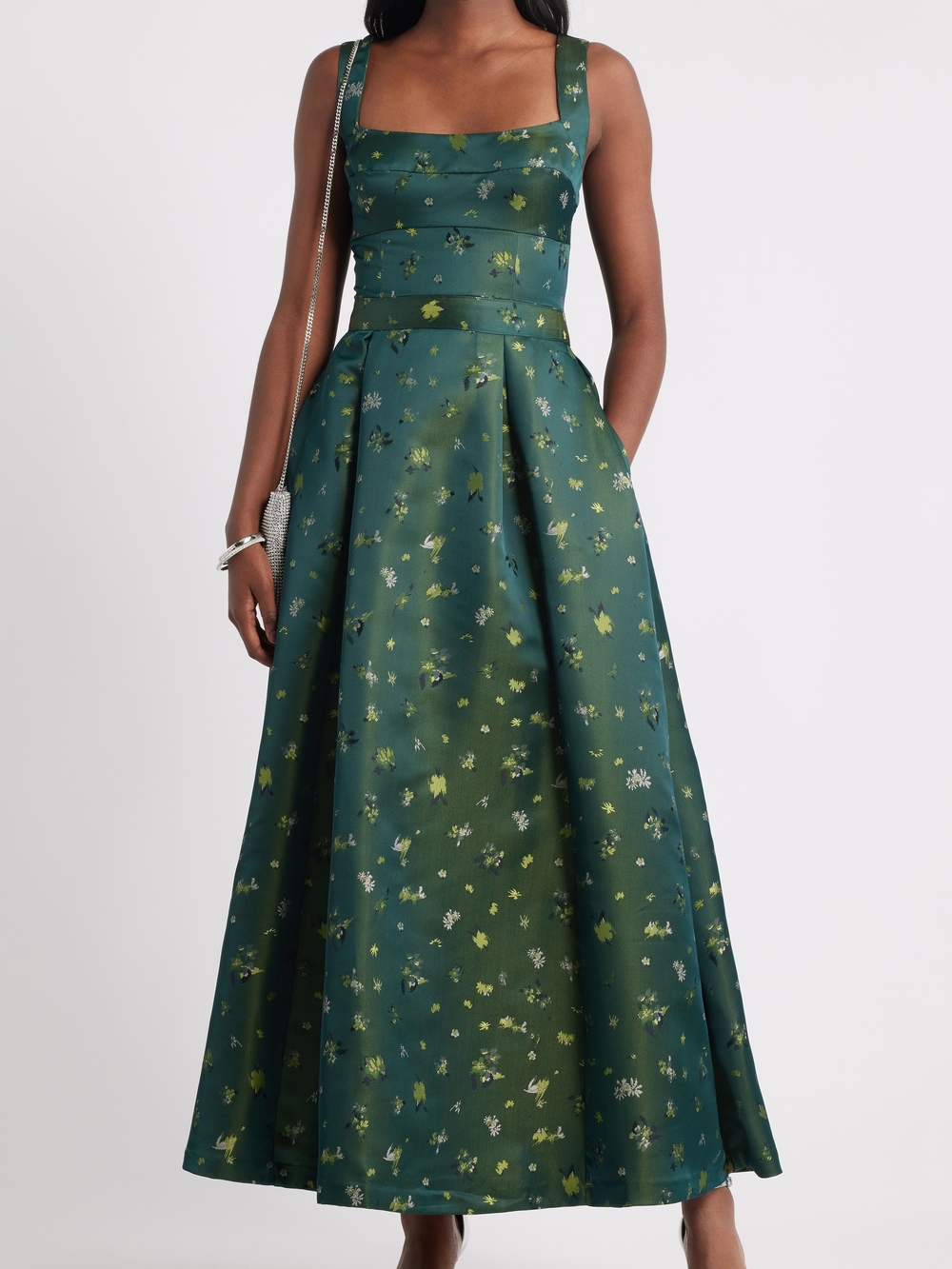 Chelsea28 Pleated Seamed Bodice Jacquard Maxi Cocktail Dress
